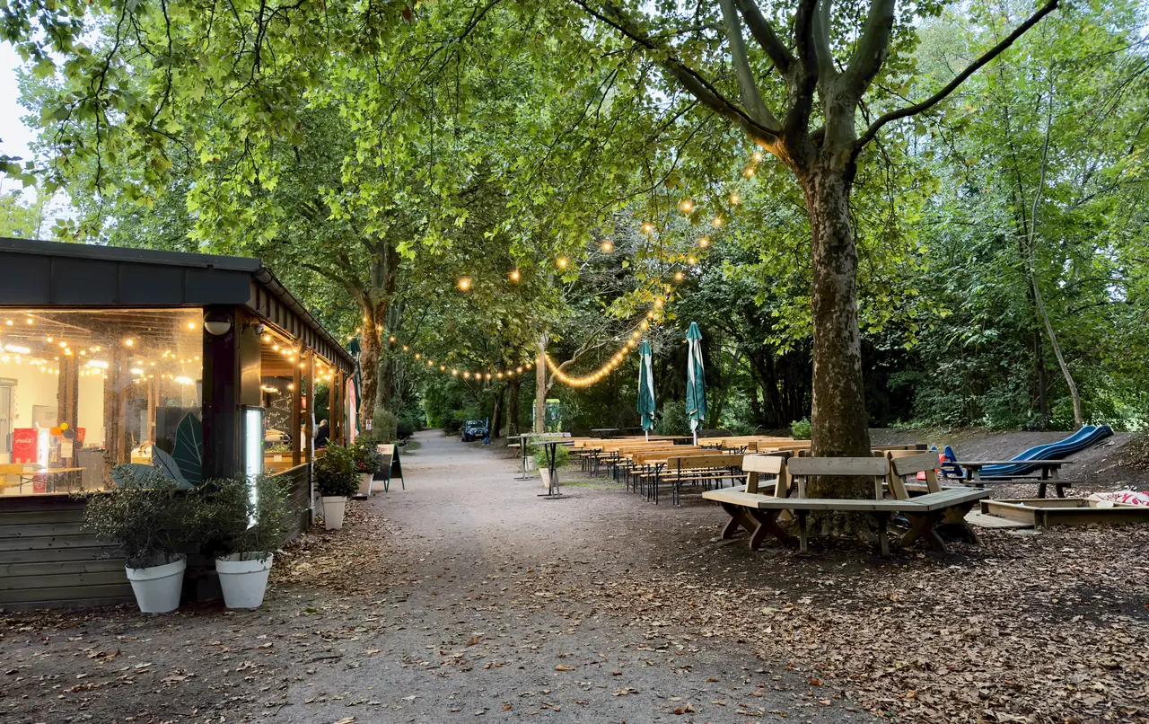 Gastgarten an der Traisen am Abend: Weg unter hohen Bäumen mit Lichterketten, Pavillon und Holztischen